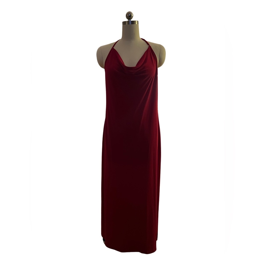 Bebe Red Long Front Drape Dress with side slit NWT
